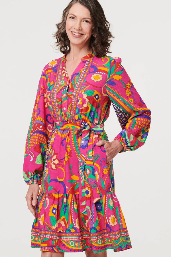 Pink | Printed Tie Waist Tiered Short Dress