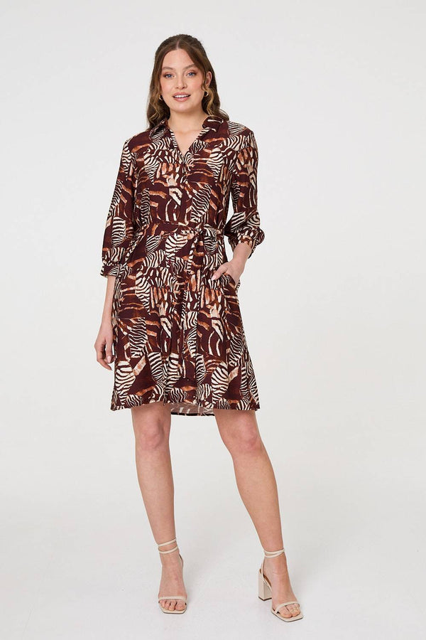 Brown | Animal Print Tie Waist Shirt Short Dress