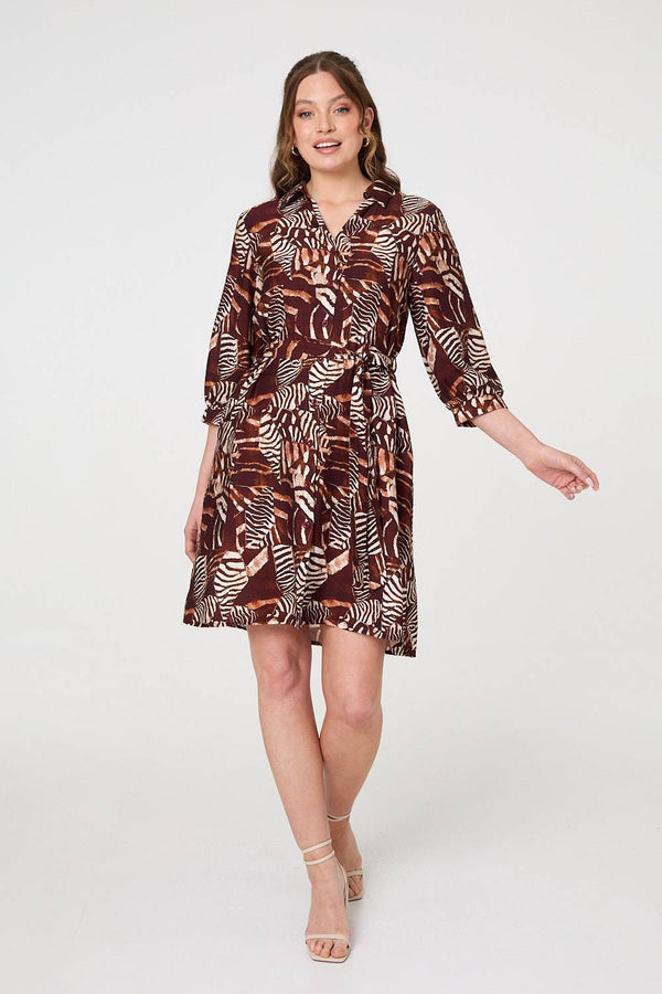 Brown | Animal Print Tie Waist Shirt Short Dress