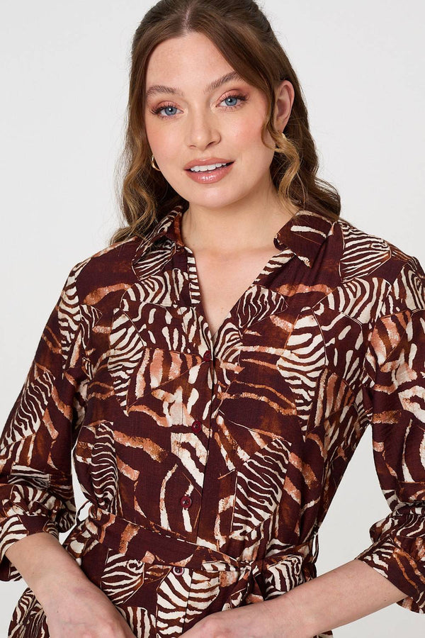 Brown | Animal Print Tie Waist Shirt Short Dress