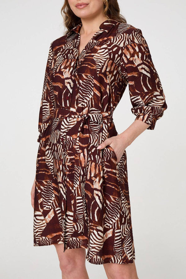 Brown | Animal Print Tie Waist Shirt Short Dress