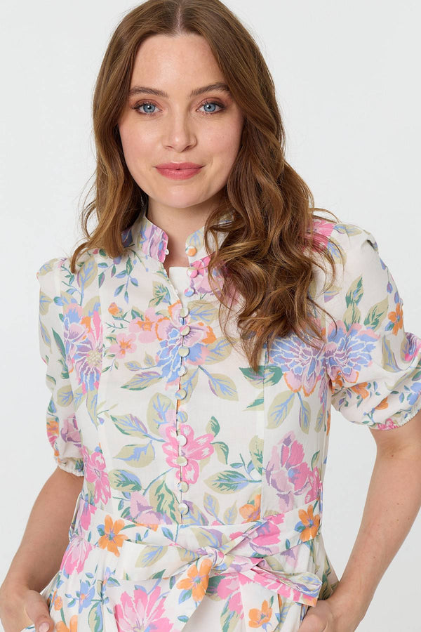White | Floral Tie Waist Puff Sleeve Short Dress