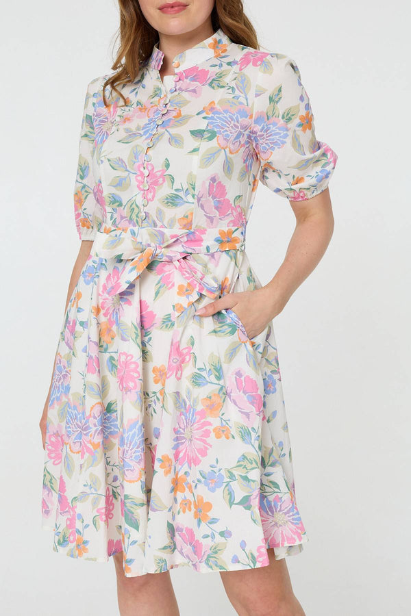 White | Floral Tie Waist Puff Sleeve Short Dress