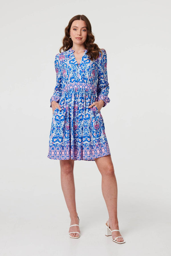 Blue | Printed Long Sleeve Shirred Short Dress