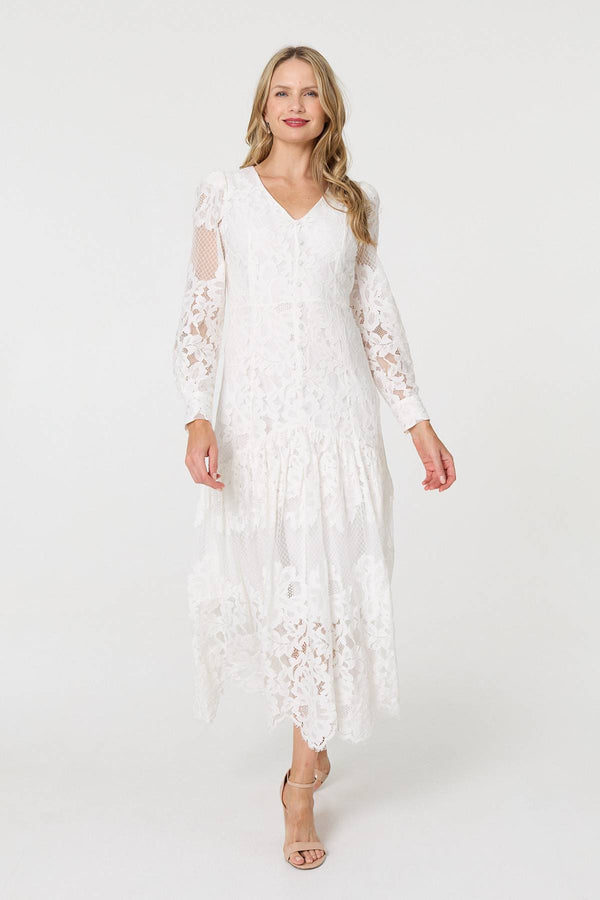 White | Floral Lace Layer Long Sleeve Maxi Dress