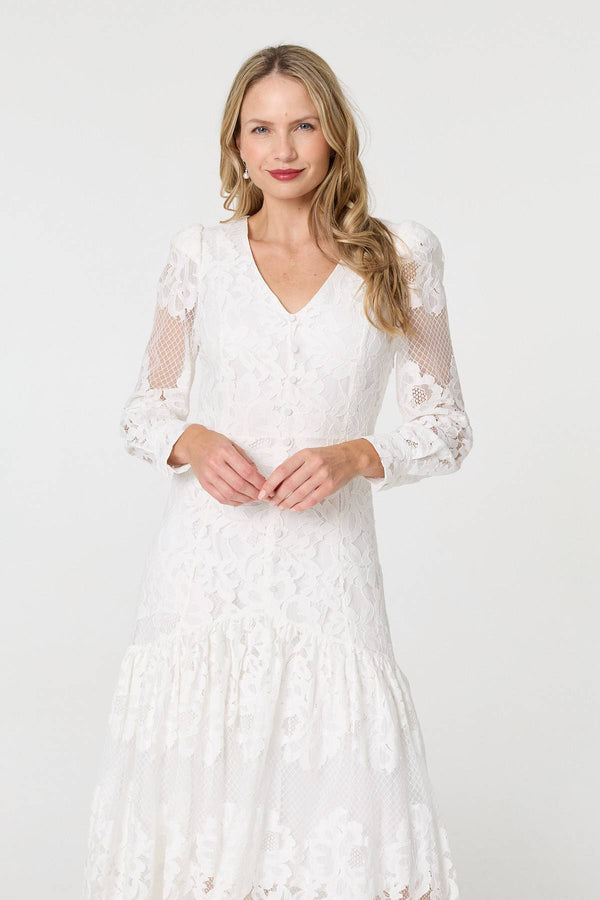 White | Floral Lace Layer Long Sleeve Maxi Dress