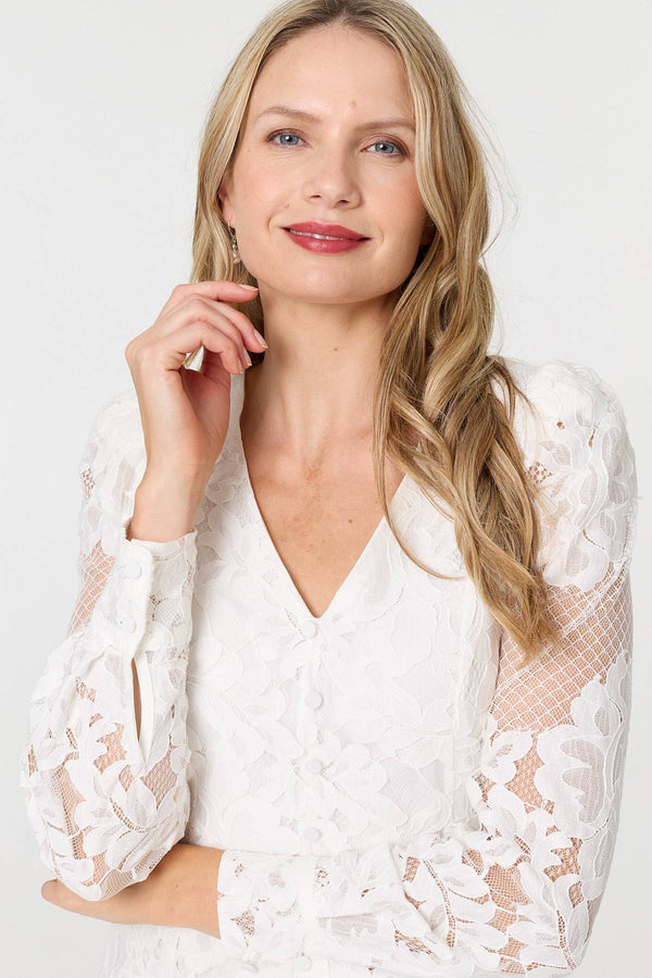 White | Floral Lace Layer Long Sleeve Maxi Dress