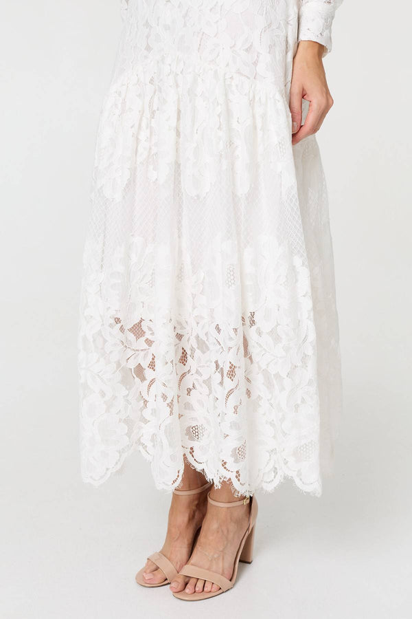 White | Floral Lace Layer Long Sleeve Maxi Dress