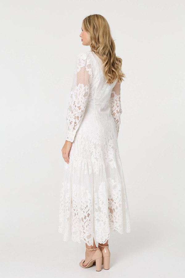 White | Floral Lace Layer Long Sleeve Maxi Dress