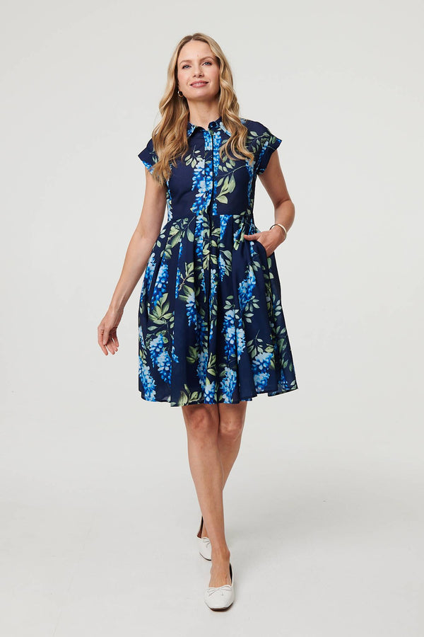 Blue | Floral Cap Sleeve Pleated Short Dress
