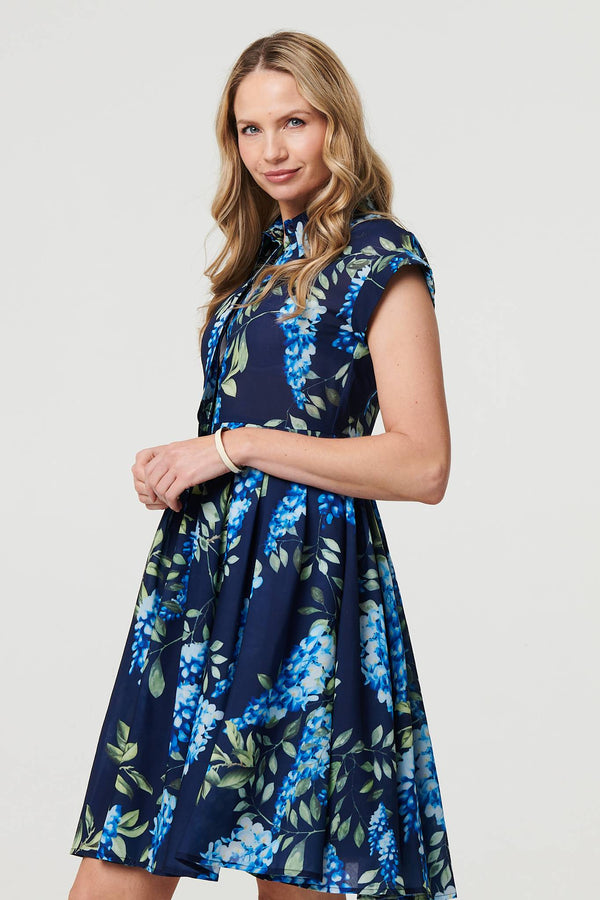 Blue | Floral Cap Sleeve Pleated Short Dress