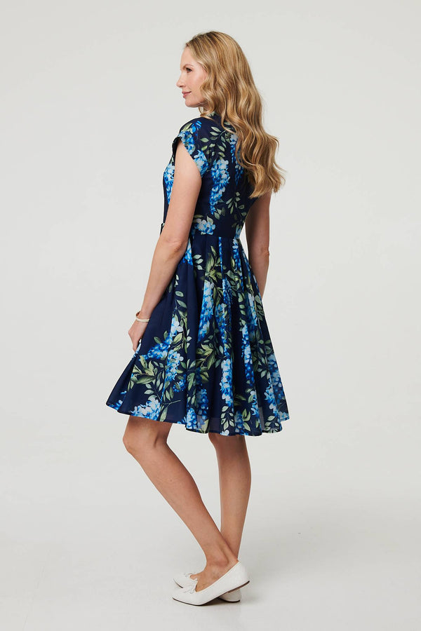 Blue | Floral Cap Sleeve Pleated Short Dress