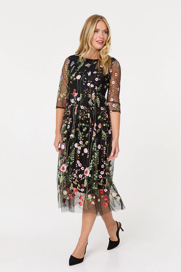 Black | Floral Embroidered Mesh Midi Dress
