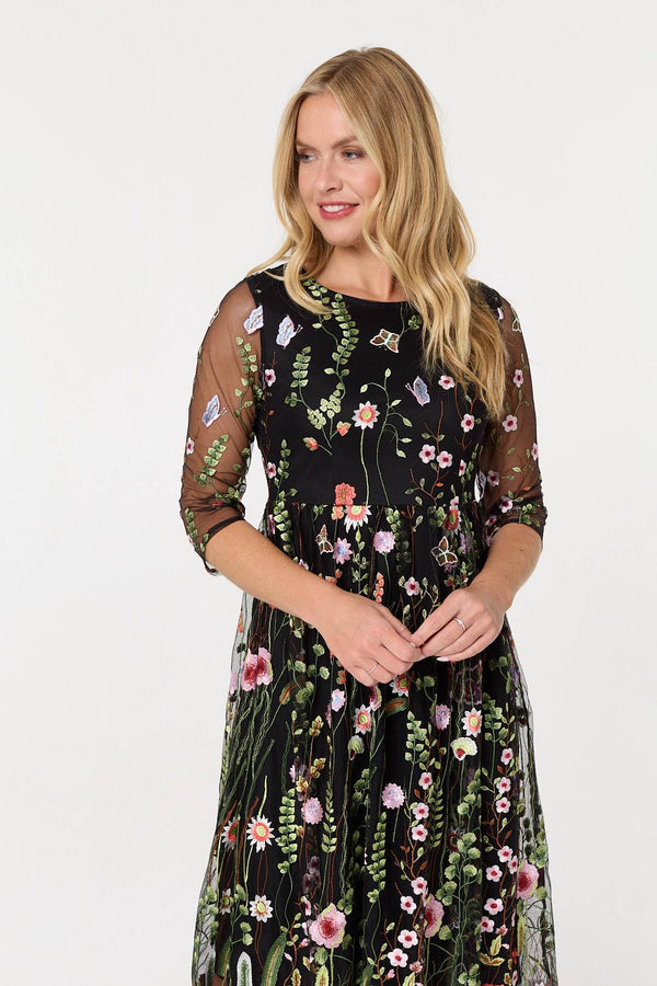 Black | Floral Embroidered Mesh Midi Dress