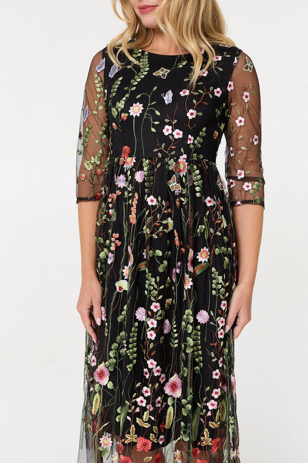 Black | Floral Embroidered Mesh Midi Dress