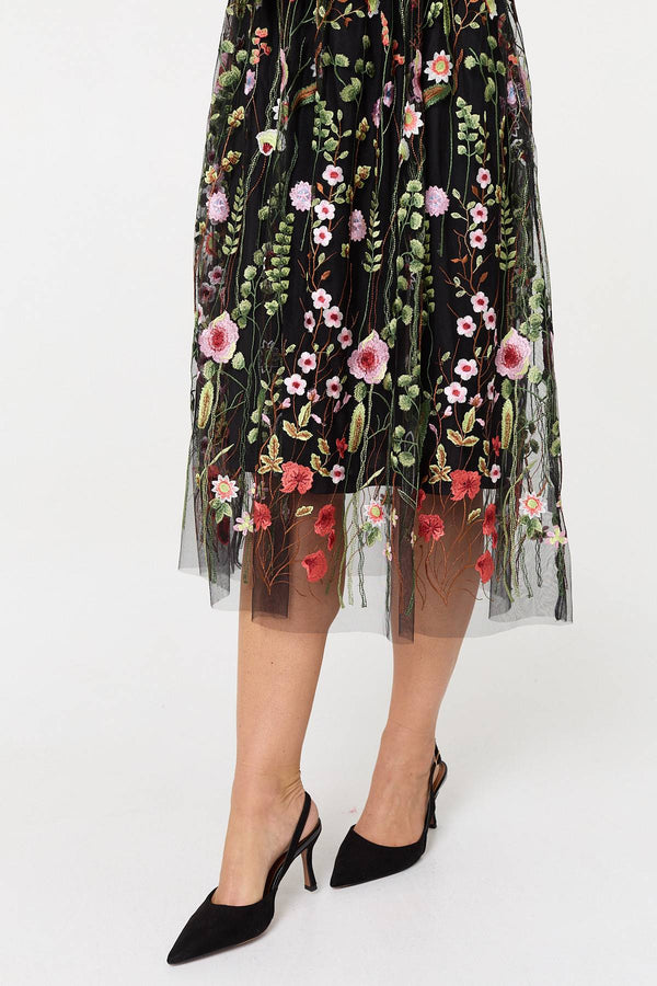 Black | Floral Embroidered Mesh Midi Dress