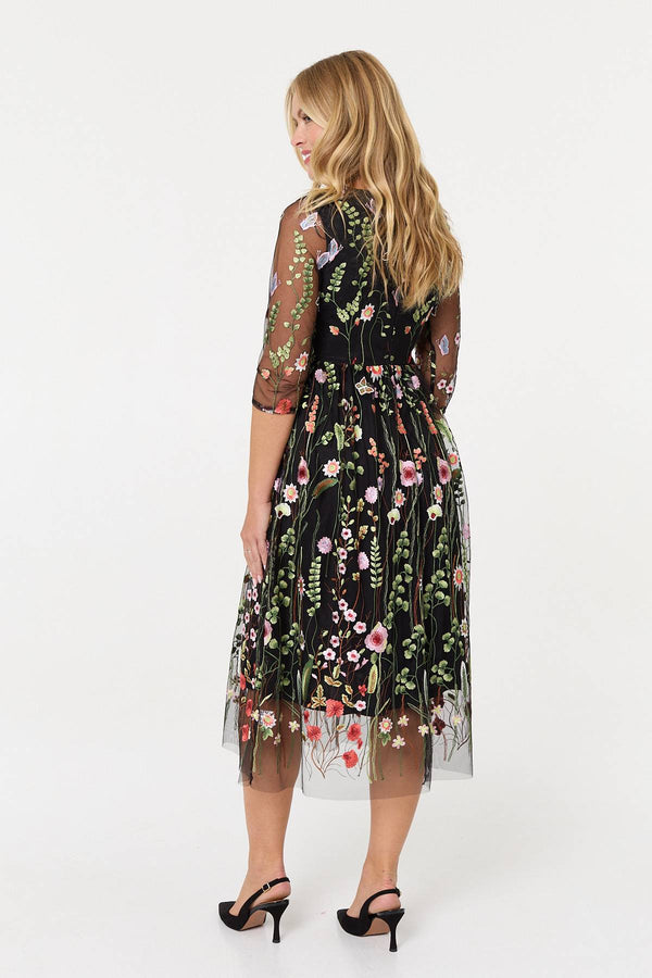 Black | Floral Embroidered Mesh Midi Dress
