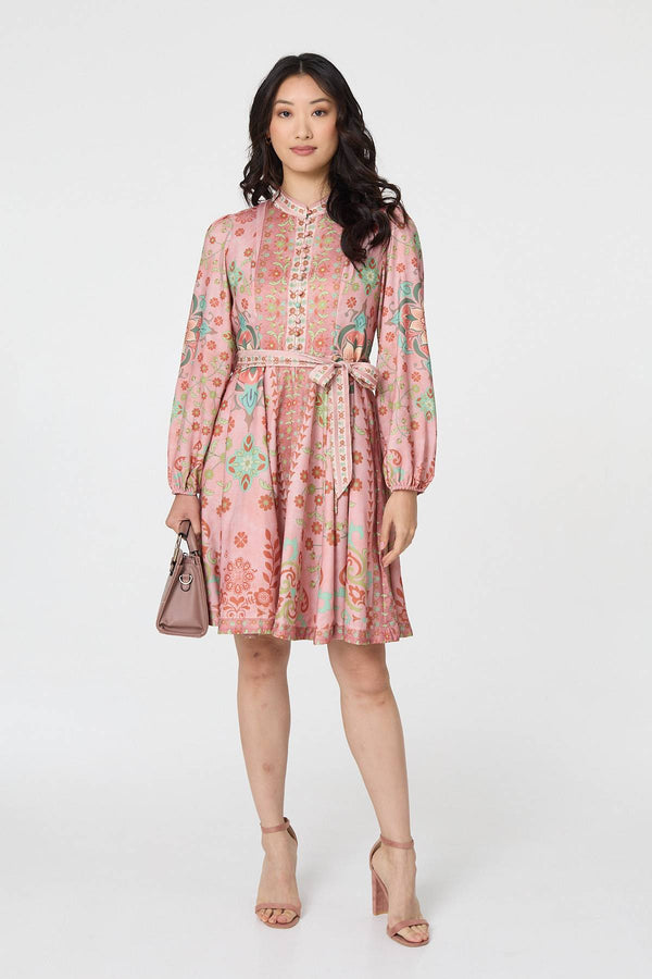 Rust | Floral Tie Waist Knee Length Dress
