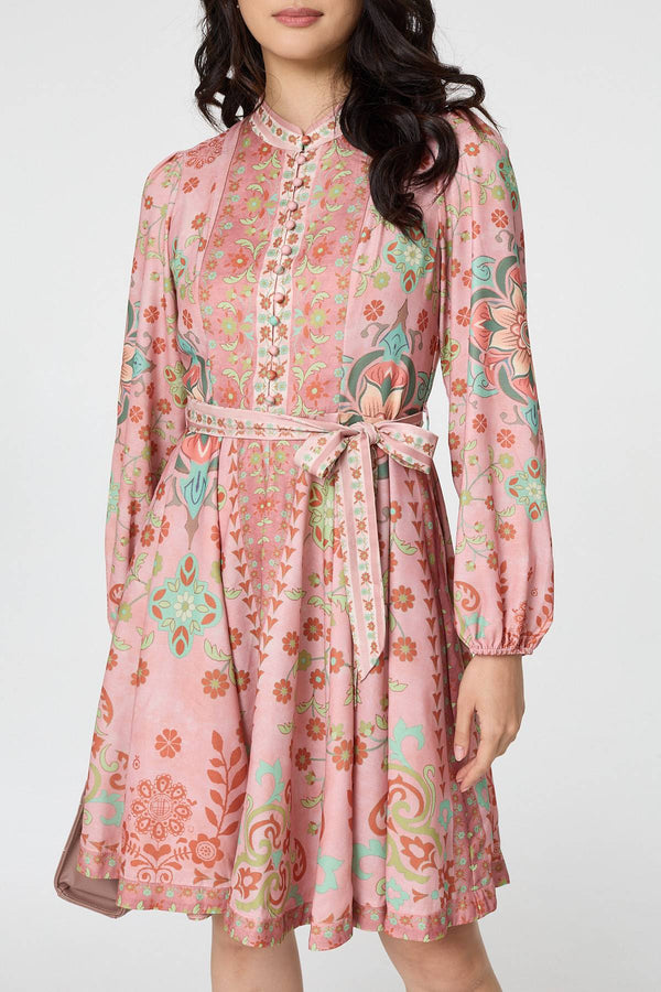 Rust | Floral Tie Waist Knee Length Dress