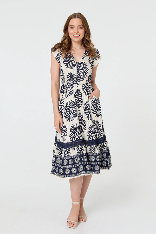 Navy | Floral Cap Sleeve Lace Midi Dress