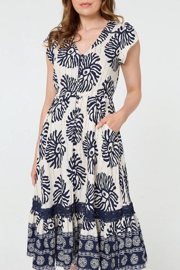 Navy | Floral Cap Sleeve Lace Midi Dress