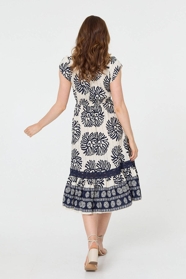 Navy | Floral Cap Sleeve Lace Midi Dress