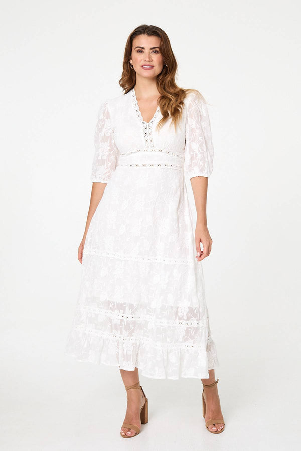 White | Lace 3/4 Sleeve Tiered Maxi Dress
