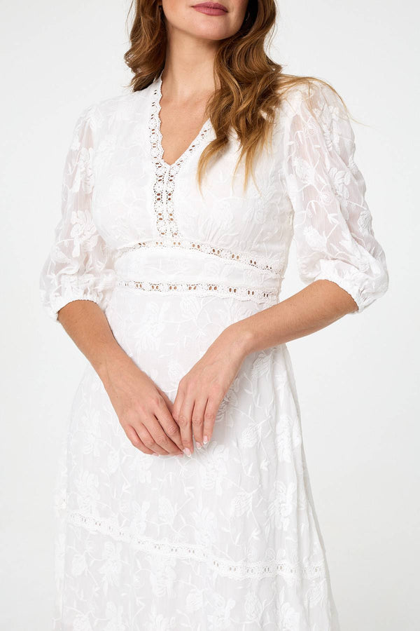 White | Lace 3/4 Sleeve Tiered Maxi Dress