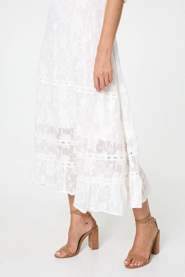 White | Lace 3/4 Sleeve Tiered Maxi Dress