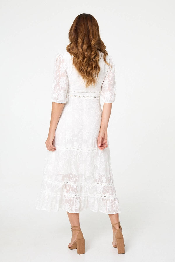 White | Lace 3/4 Sleeve Tiered Maxi Dress