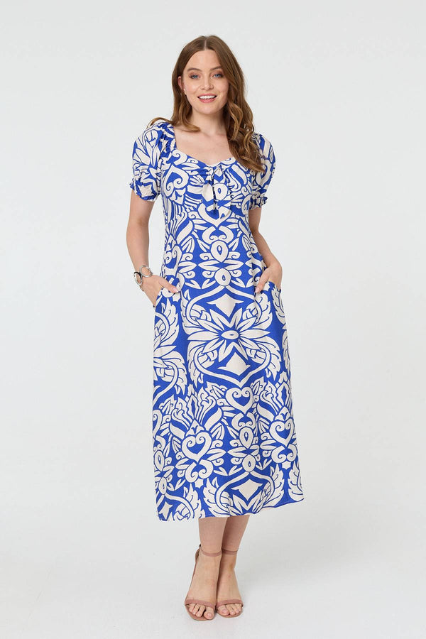 Blue | Printed Puff Sleeve A-Line Midi Dress
