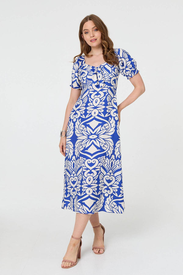 Blue | Printed Puff Sleeve A-Line Midi Dress