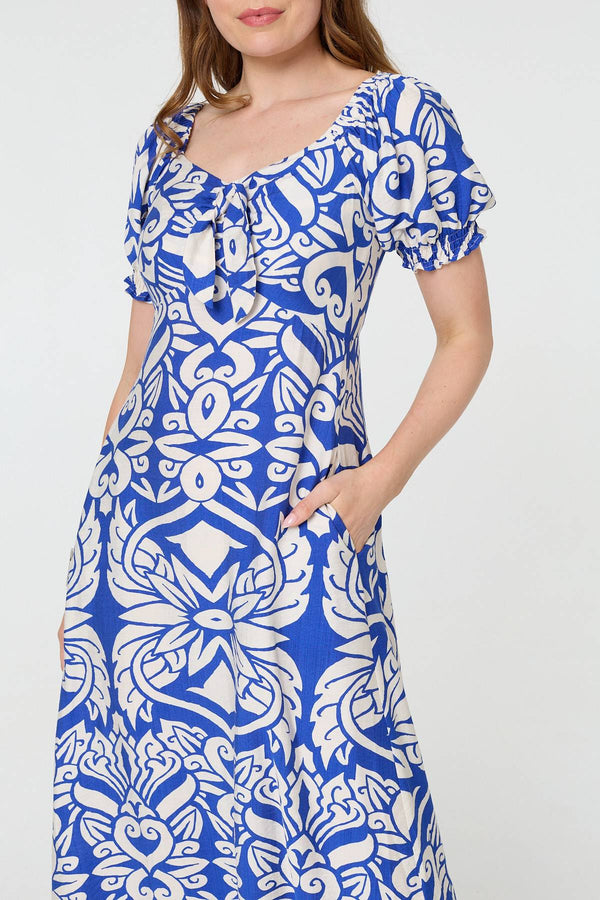 Blue | Printed Puff Sleeve A-Line Midi Dress
