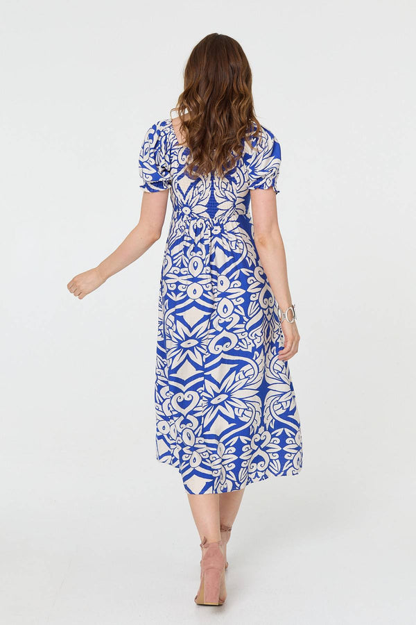 Blue | Printed Puff Sleeve A-Line Midi Dress