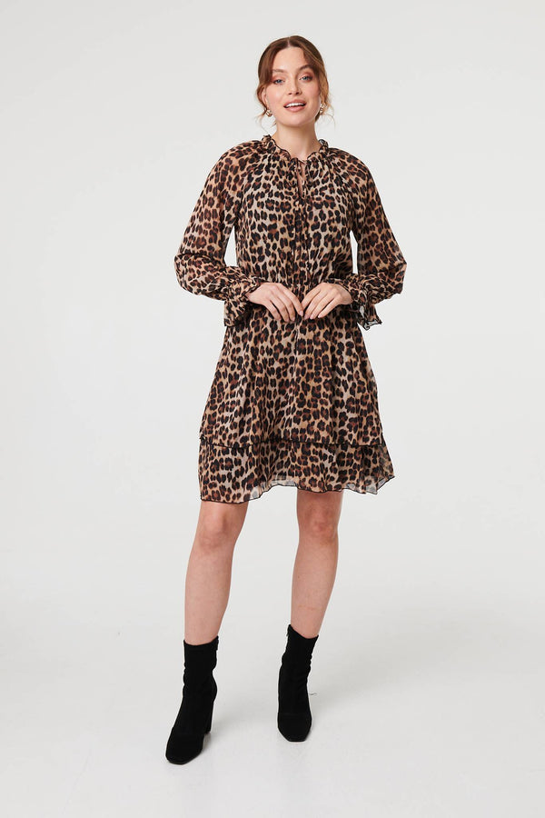 Brown | Animal Print Ruched Tie Neck Short Dress