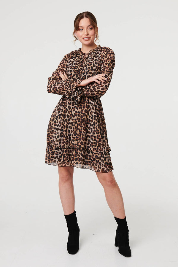 Brown | Animal Print Ruched Tie Neck Short Dress