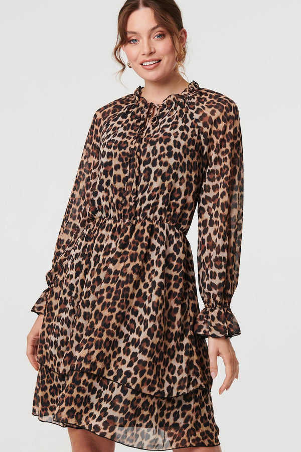 Brown | Animal Print Ruched Tie Neck Short Dress