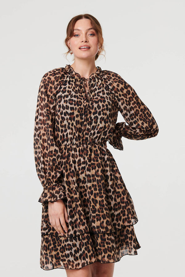 Brown | Animal Print Ruched Tie Neck Short Dress