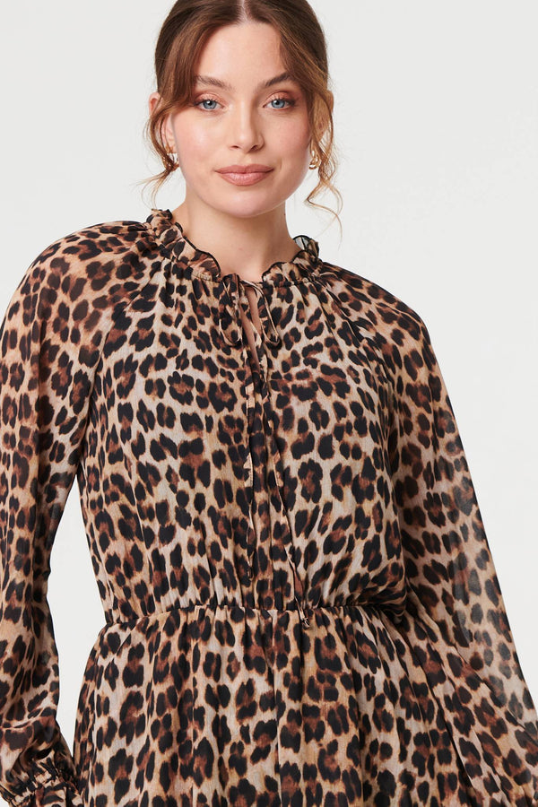 Brown | Animal Print Ruched Tie Neck Short Dress