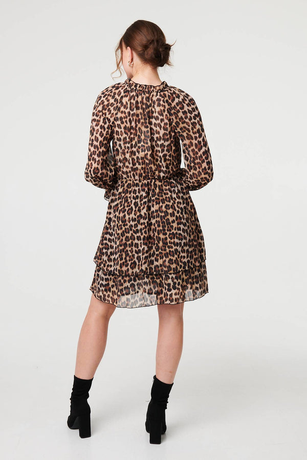 Brown | Animal Print Ruched Tie Neck Short Dress