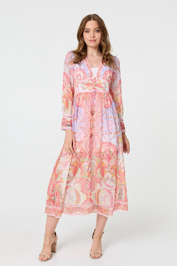 Pink | Printed Puff Sleeve Empire Maxi Dress