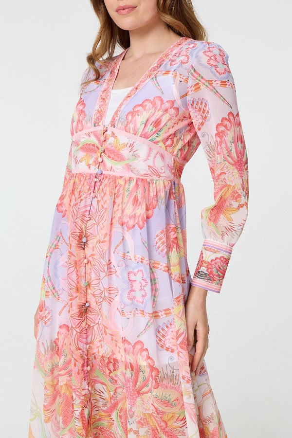 Pink | Printed Puff Sleeve Empire Maxi Dress