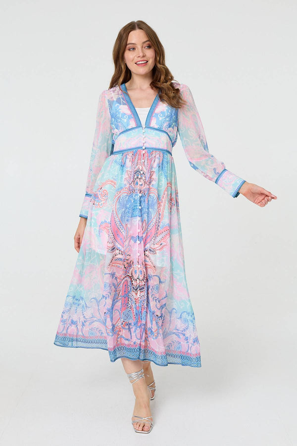 Blue | Border Print Layered Empire Midi Dress