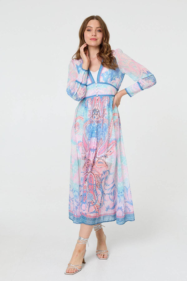 Blue | Border Print Layered Empire Midi Dress