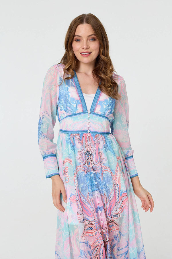 Blue | Border Print Layered Empire Midi Dress