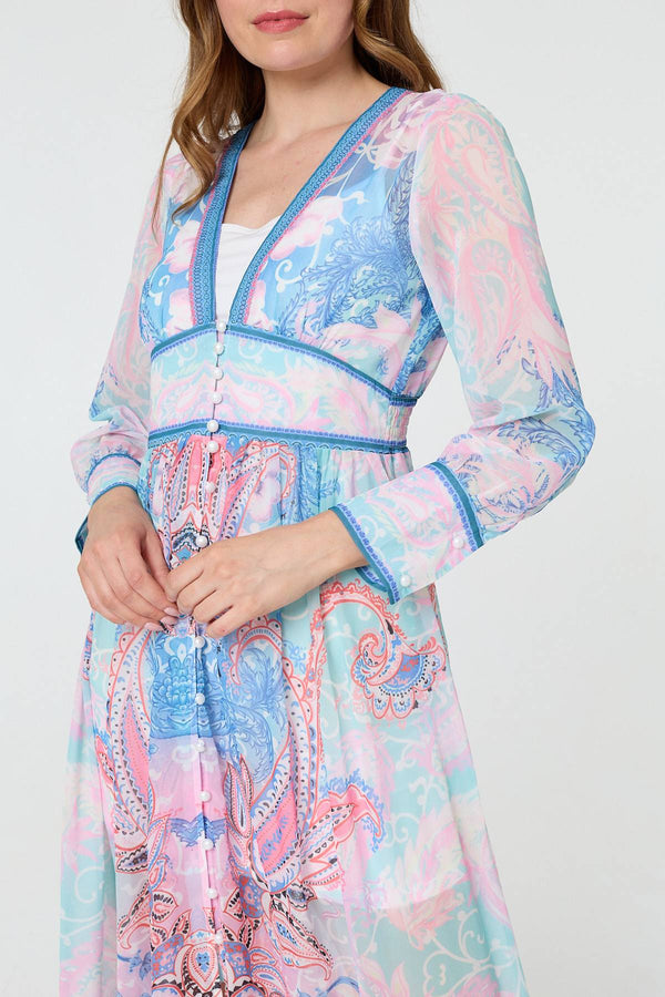 Blue | Border Print Layered Empire Midi Dress
