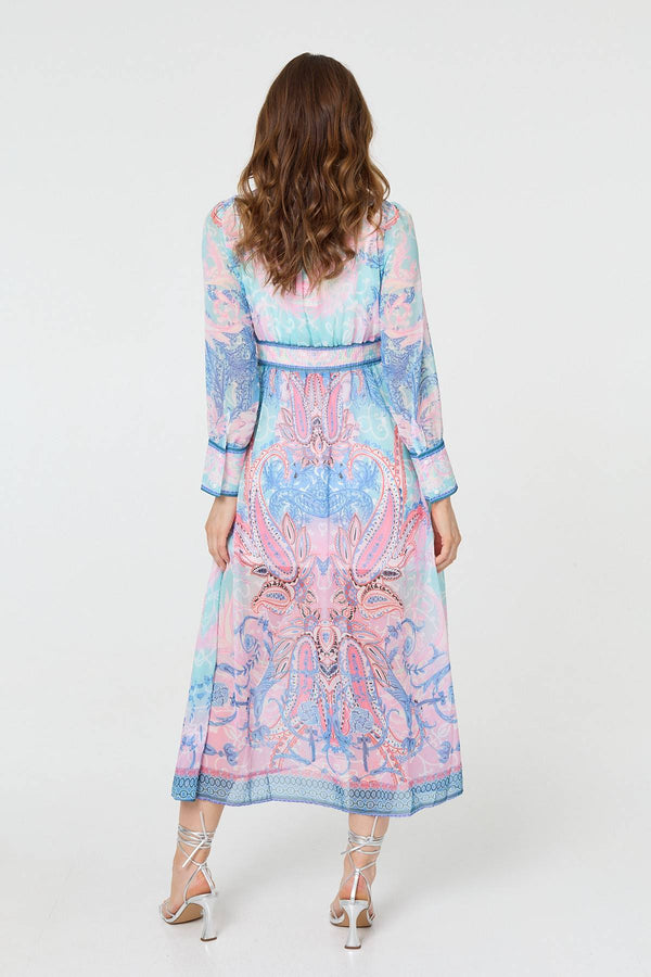 Blue | Border Print Layered Empire Midi Dress