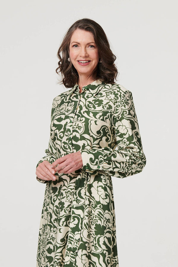 Green | Printed Long Sleeve Shirt Midi Dress