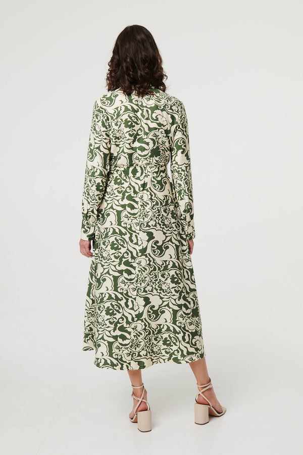 Green | Printed Long Sleeve Shirt Midi Dress