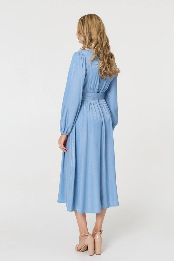 Blue | Long Sleeve Empire Tie Waist Midi Dress